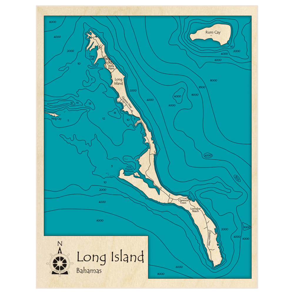 Bathymetric topo map of Long Island and Rum Cay with roads, towns and depths noted in blue water