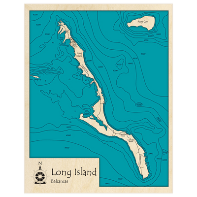 Bathymetric topo map of Long Island and Rum Cay with roads, towns and depths noted in blue water