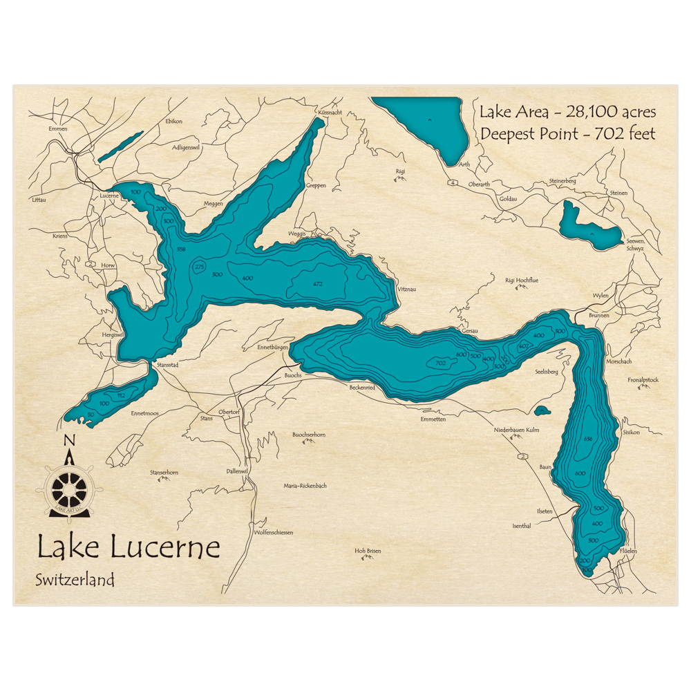Bathymetric topo map of Lake Lucerne with roads, towns and depths noted in blue water