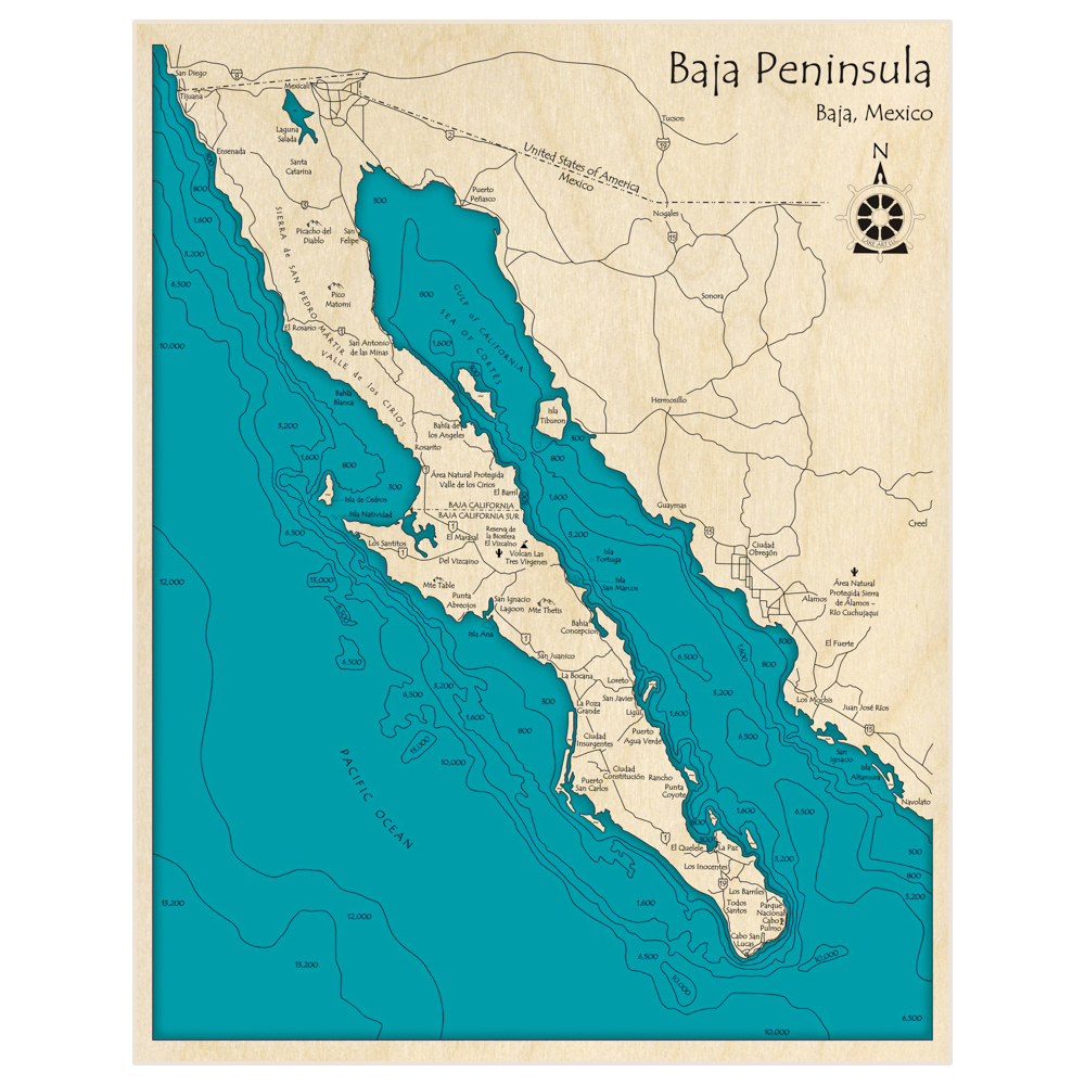 Bathymetric topo map of Baja Peninsula (entire) with roads, towns and depths noted in blue water