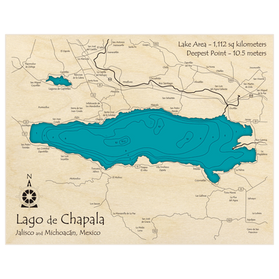 Bathymetric topo map of Lago de Chapala with roads, towns and depths noted in blue water