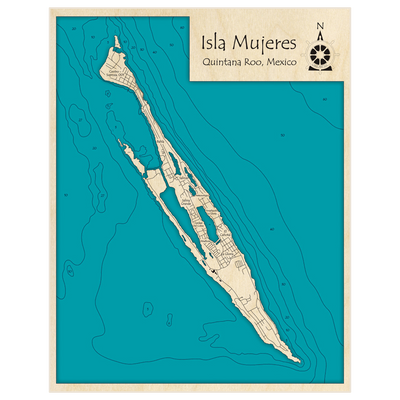 Bathymetric topo map of Isla Mujeres with roads, towns and depths noted in blue water