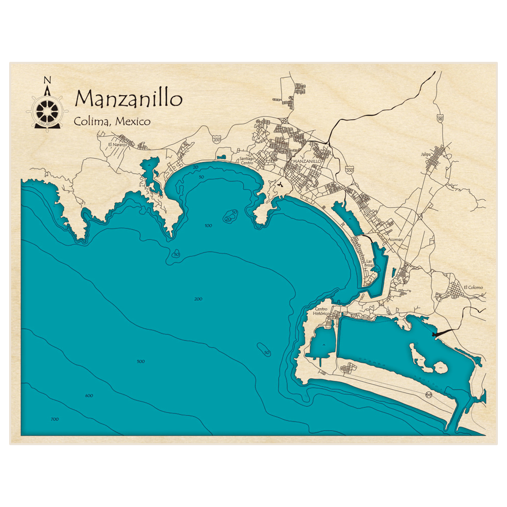 Bathymetric topo map of Manzanillo with roads, towns and depths noted in blue water