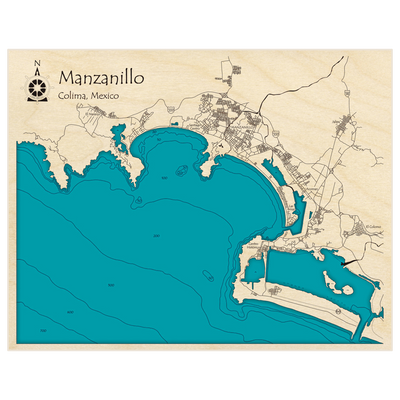 Bathymetric topo map of Manzanillo with roads, towns and depths noted in blue water