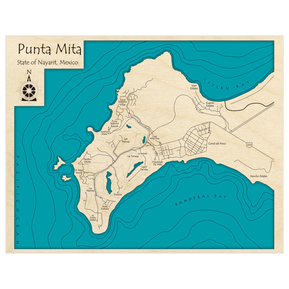 Bathymetric topo map of Punta Mita with roads, towns and depths noted in blue water