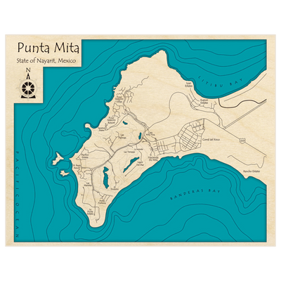 Bathymetric topo map of Punta Mita with roads, towns and depths noted in blue water