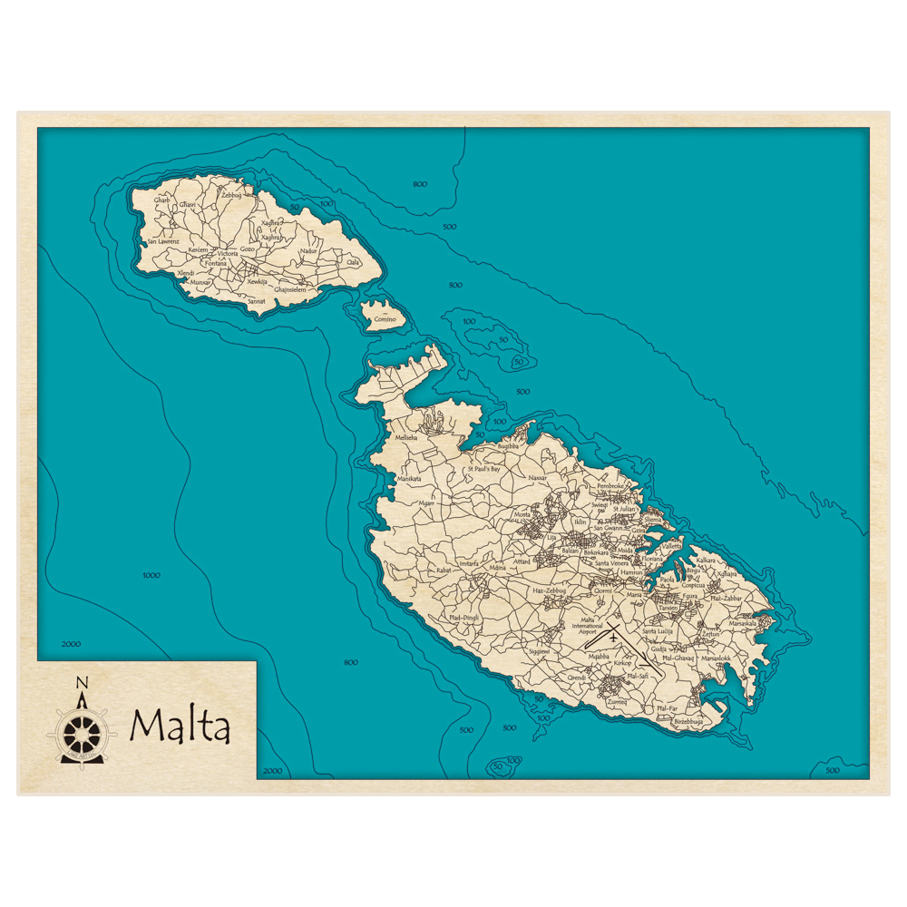 Bathymetric topo map of Malta with roads, towns and depths noted in blue water