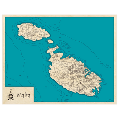 Bathymetric topo map of Malta with roads, towns and depths noted in blue water