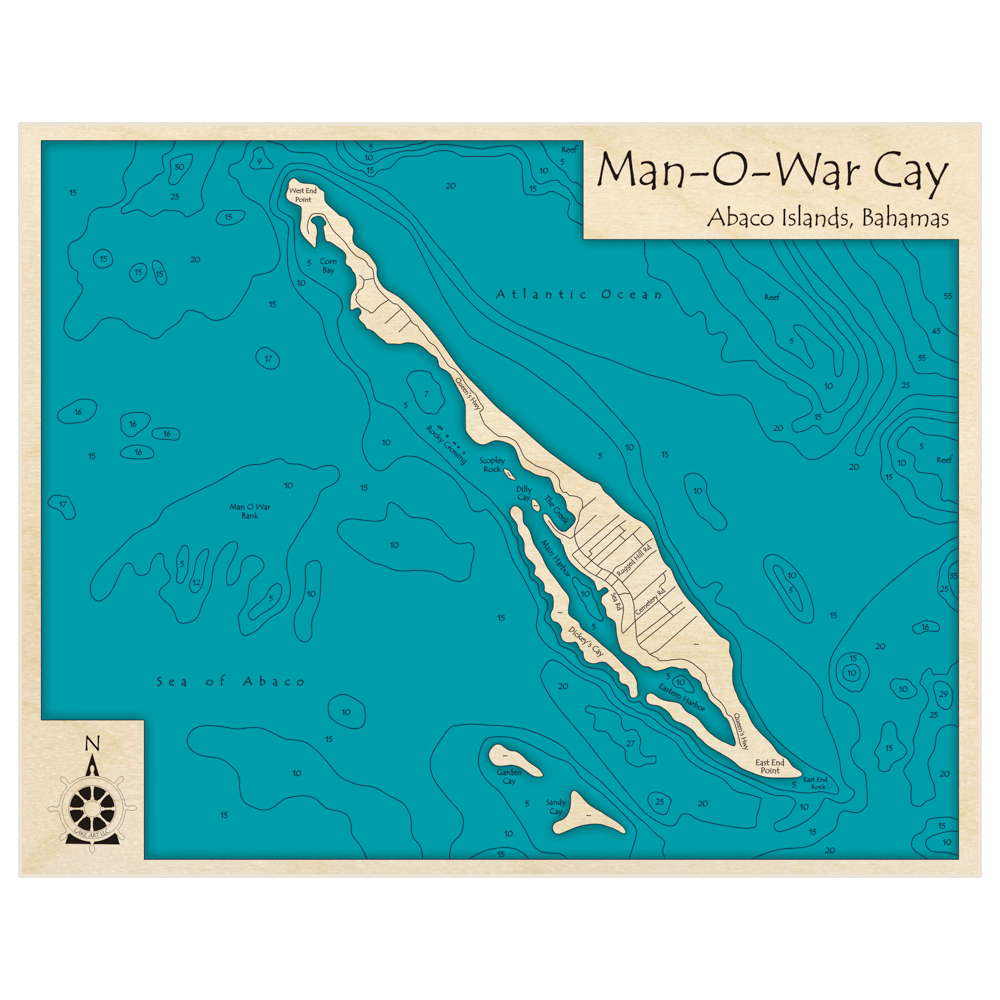 Bathymetric topo map of Man O War Cay with roads, towns and depths noted in blue water