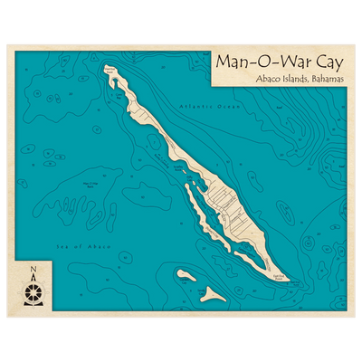 Bathymetric topo map of Man O War Cay with roads, towns and depths noted in blue water