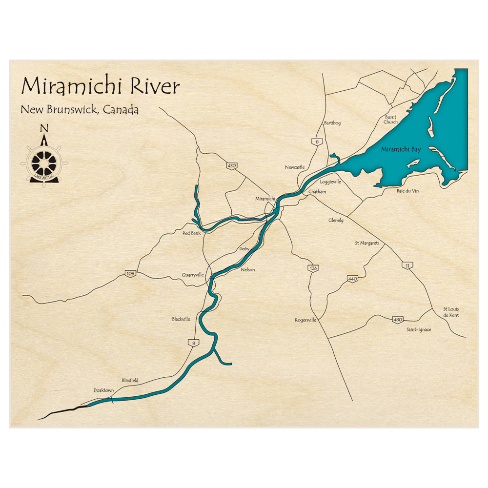 Bathymetric topo map of Miramichi River  with roads, towns and depths noted in blue water