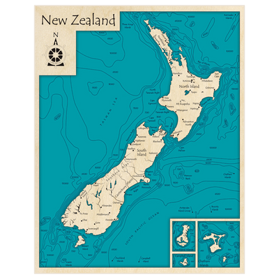 Bathymetric topo map of New Zealand with roads, towns and depths noted in blue water