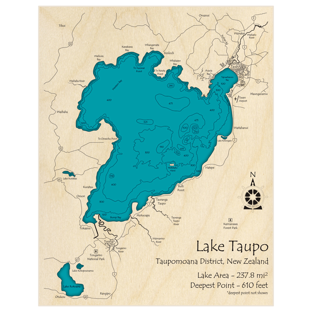 Bathymetric topo map of Taupo Lake with roads, towns and depths noted in blue water