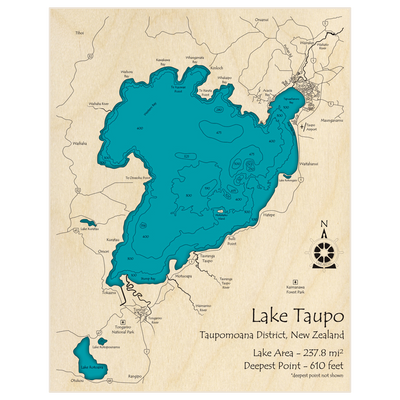 Bathymetric topo map of Taupo Lake with roads, towns and depths noted in blue water