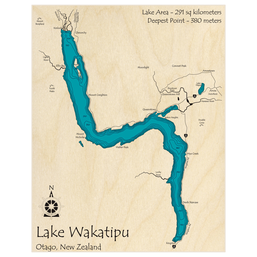 Bathymetric topo map of Lake Wakatipu with roads, towns and depths noted in blue water