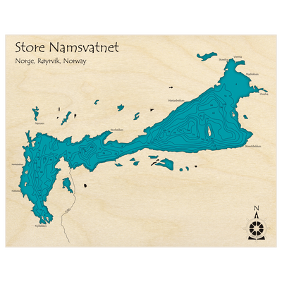 Bathymetric topo map of Store Namsvatnet with roads, towns and depths noted in blue water
