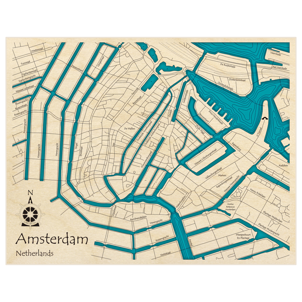 Bathymetric topo map of Amsterdam with roads, towns and depths noted in blue water