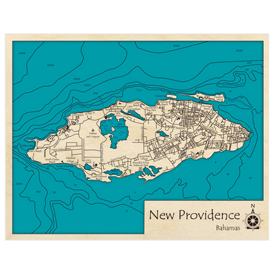 Bathymetric topo map of New Providence with roads, towns and depths noted in blue water