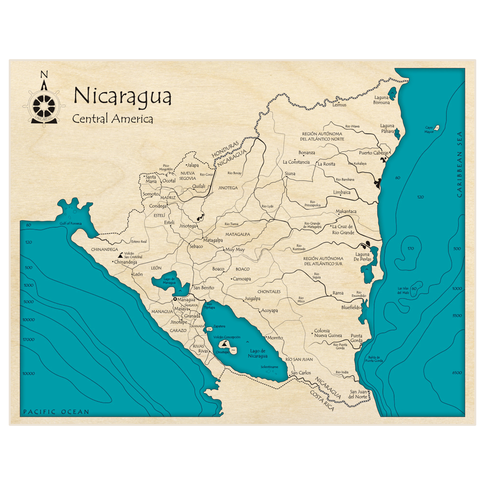 Bathymetric topo map of Nicaragua with roads, towns and depths noted in blue water