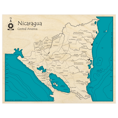 Bathymetric topo map of Nicaragua with roads, towns and depths noted in blue water