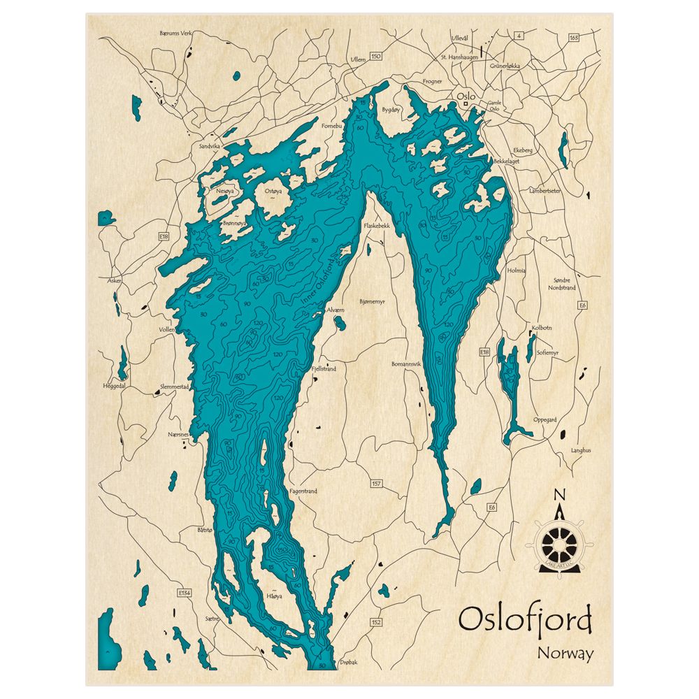 Bathymetric topo map of Oslofjord (in Meters) with roads, towns and depths noted in blue water