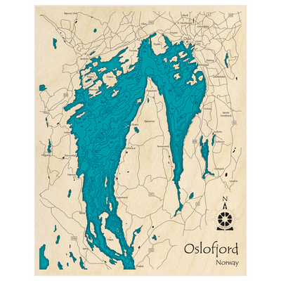 Bathymetric topo map of Oslofjord (in Meters) with roads, towns and depths noted in blue water