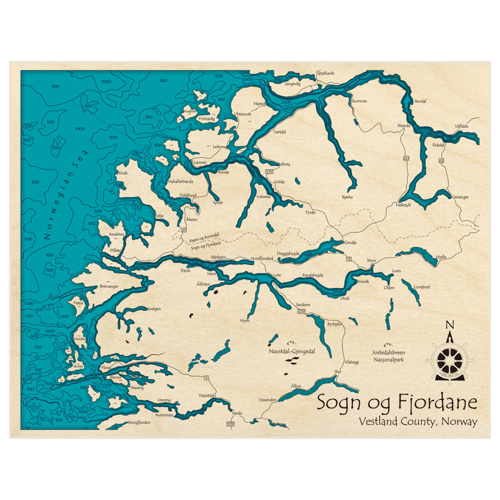 Bathymetric topo map of Sogn og Fjordane (from Stongfjorden to Spjelkavik) with roads, towns and depths noted in blue water