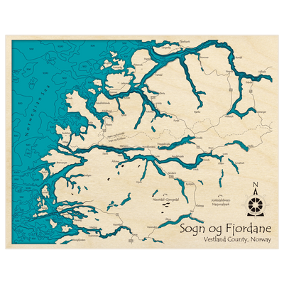 Bathymetric topo map of Sogn og Fjordane (from Stongfjorden to Spjelkavik) with roads, towns and depths noted in blue water