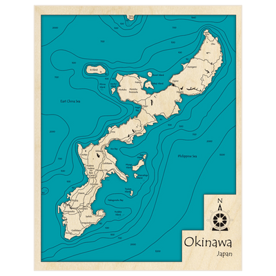 Bathymetric topo map of Okinawa with roads, towns and depths noted in blue water