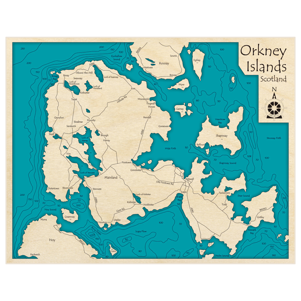 Bathymetric topo map of Orkney Islands with roads, towns and depths noted in blue water