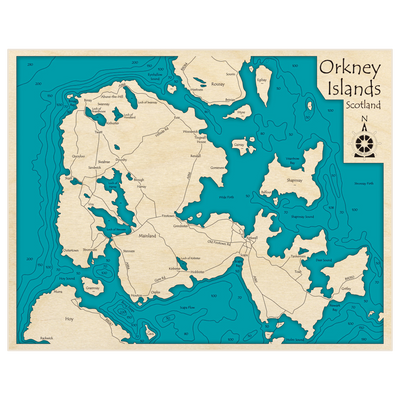 Bathymetric topo map of Orkney Islands with roads, towns and depths noted in blue water