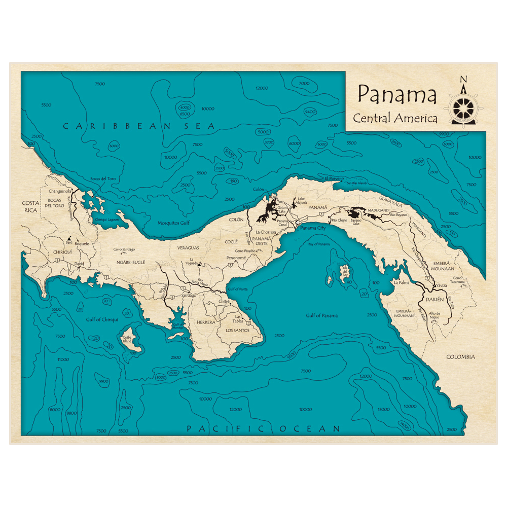 Bathymetric topo map of Panama with roads, towns and depths noted in blue water
