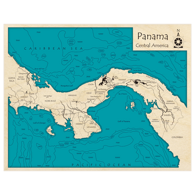 Bathymetric topo map of Panama with roads, towns and depths noted in blue water
