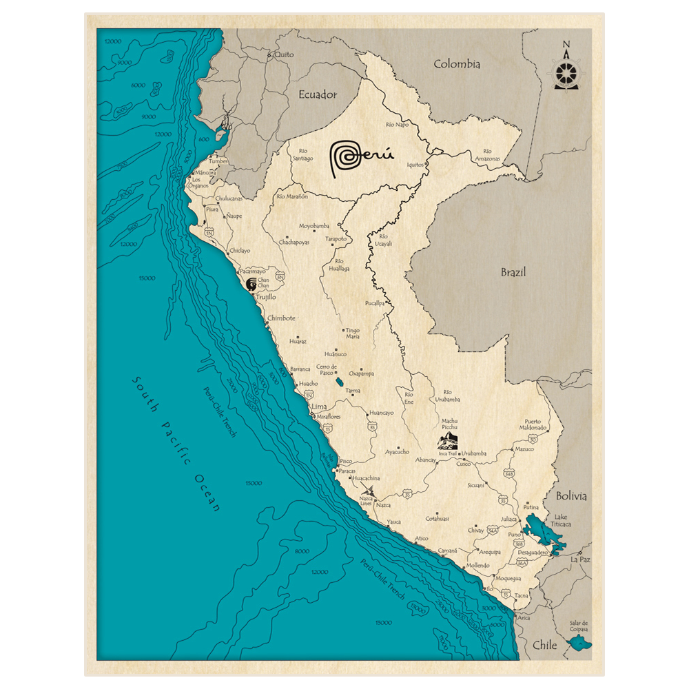 Bathymetric topo map of Peru with roads, towns and depths noted in blue water