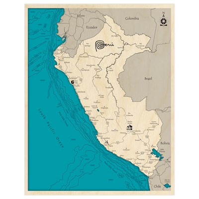 Bathymetric topo map of Peru with roads, towns and depths noted in blue water