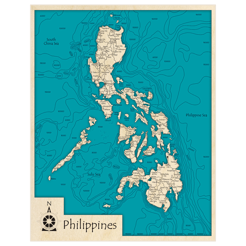 Bathymetric topo map of Philippines with roads, towns and depths noted in blue water