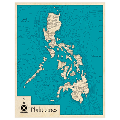 Bathymetric topo map of Philippines with roads, towns and depths noted in blue water