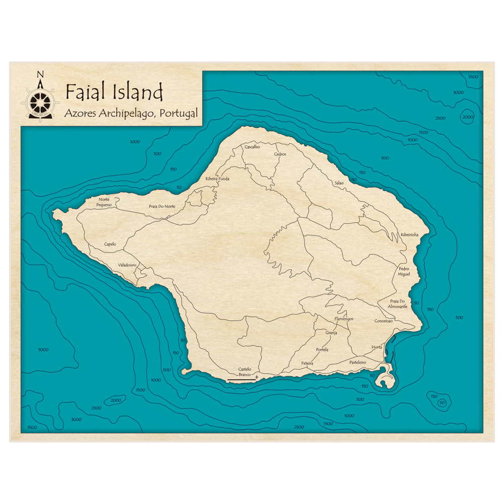 Bathymetric topo map of Faial Island with roads, towns and depths noted in blue water