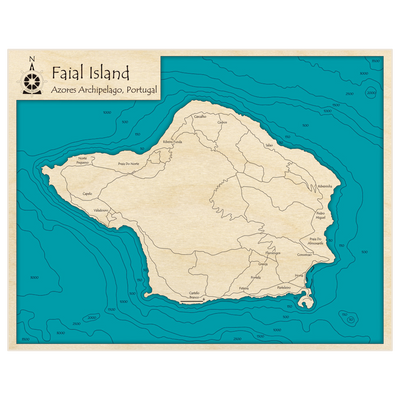 Bathymetric topo map of Faial Island with roads, towns and depths noted in blue water