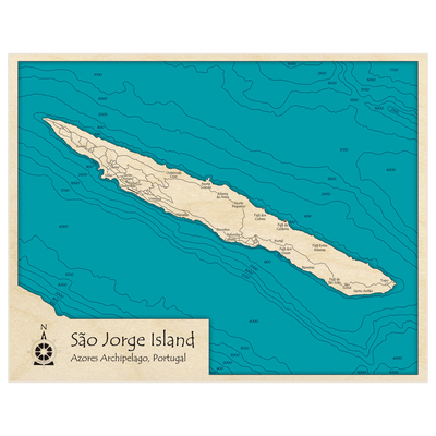 Bathymetric topo map of Sao Jorge Island with roads, towns and depths noted in blue water