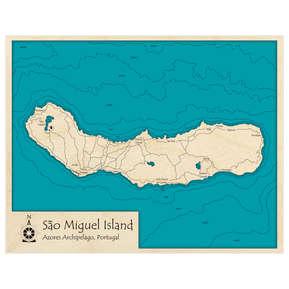 Bathymetric topo map of Sao Miguel Island with roads, towns and depths noted in blue water