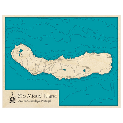 Bathymetric topo map of Sao Miguel Island with roads, towns and depths noted in blue water