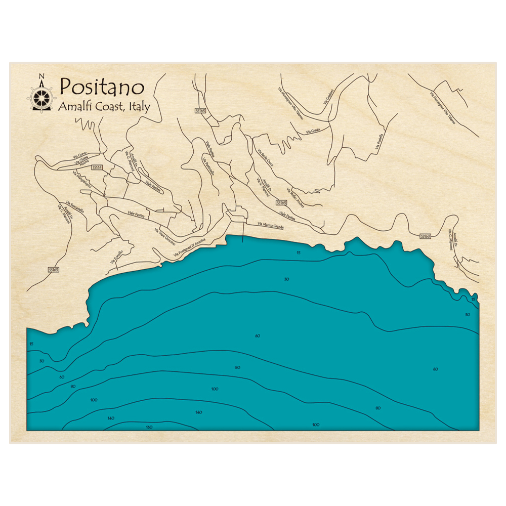 Bathymetric topo map of Positano with roads, towns and depths noted in blue water