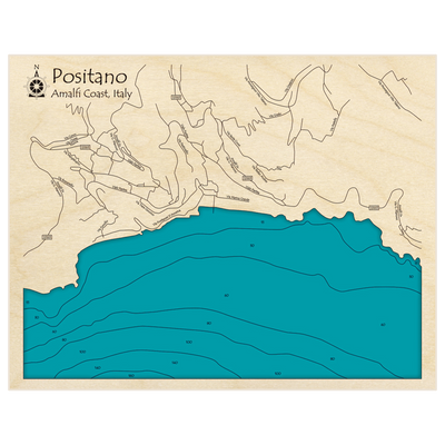 Bathymetric topo map of Positano with roads, towns and depths noted in blue water