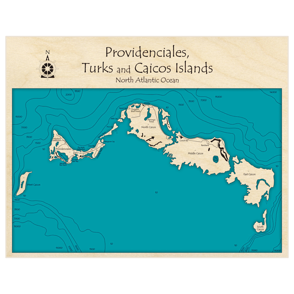 Bathymetric topo map of Providenciales Turks and Caicos Islands with roads, towns and depths noted in blue water