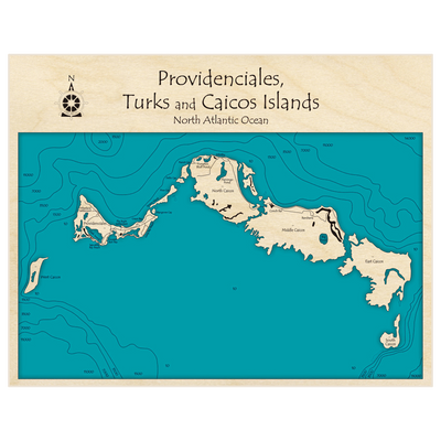 Bathymetric topo map of Providenciales Turks and Caicos Islands with roads, towns and depths noted in blue water