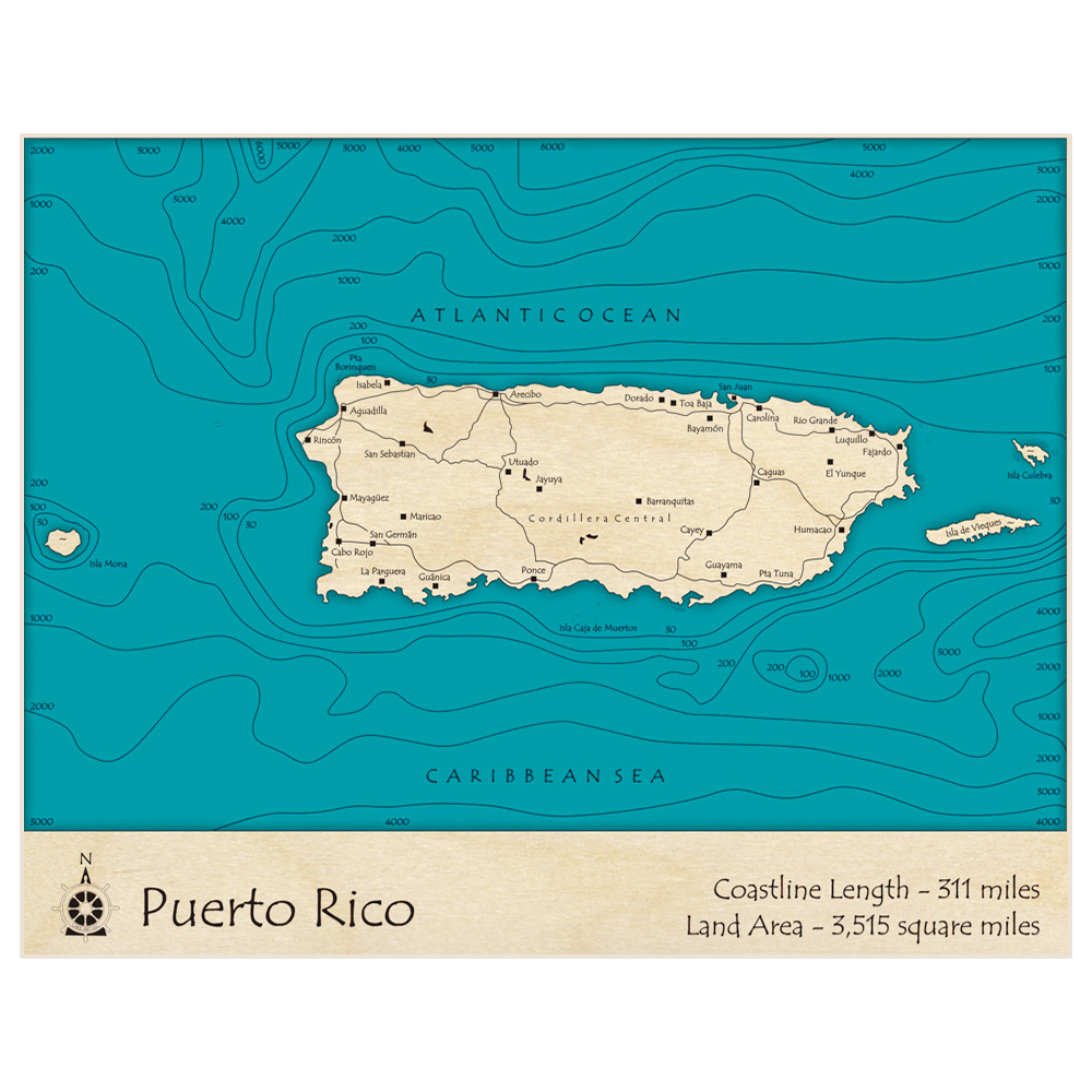 Bathymetric topo map of Puerto Rico with roads, towns and depths noted in blue water