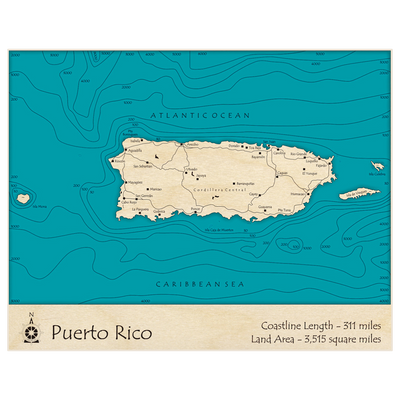 Bathymetric topo map of Puerto Rico with roads, towns and depths noted in blue water