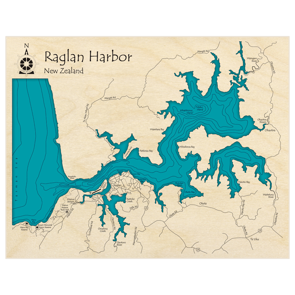 Bathymetric topo map of Raglan Harbor  with roads, towns and depths noted in blue water