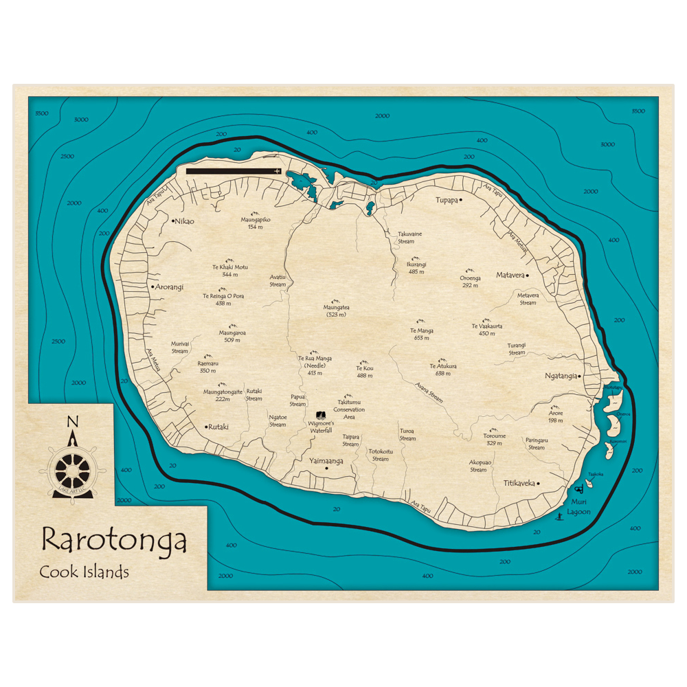 Bathymetric topo map of Rarotonga with roads, towns and depths noted in blue water